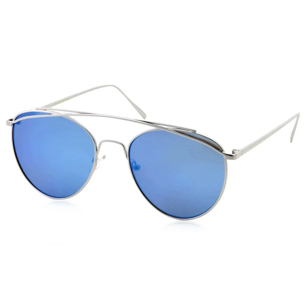 Sunglasses Blue Mirror Reflective Lens Silver‎ Frame Fashion Pilot Style UV400